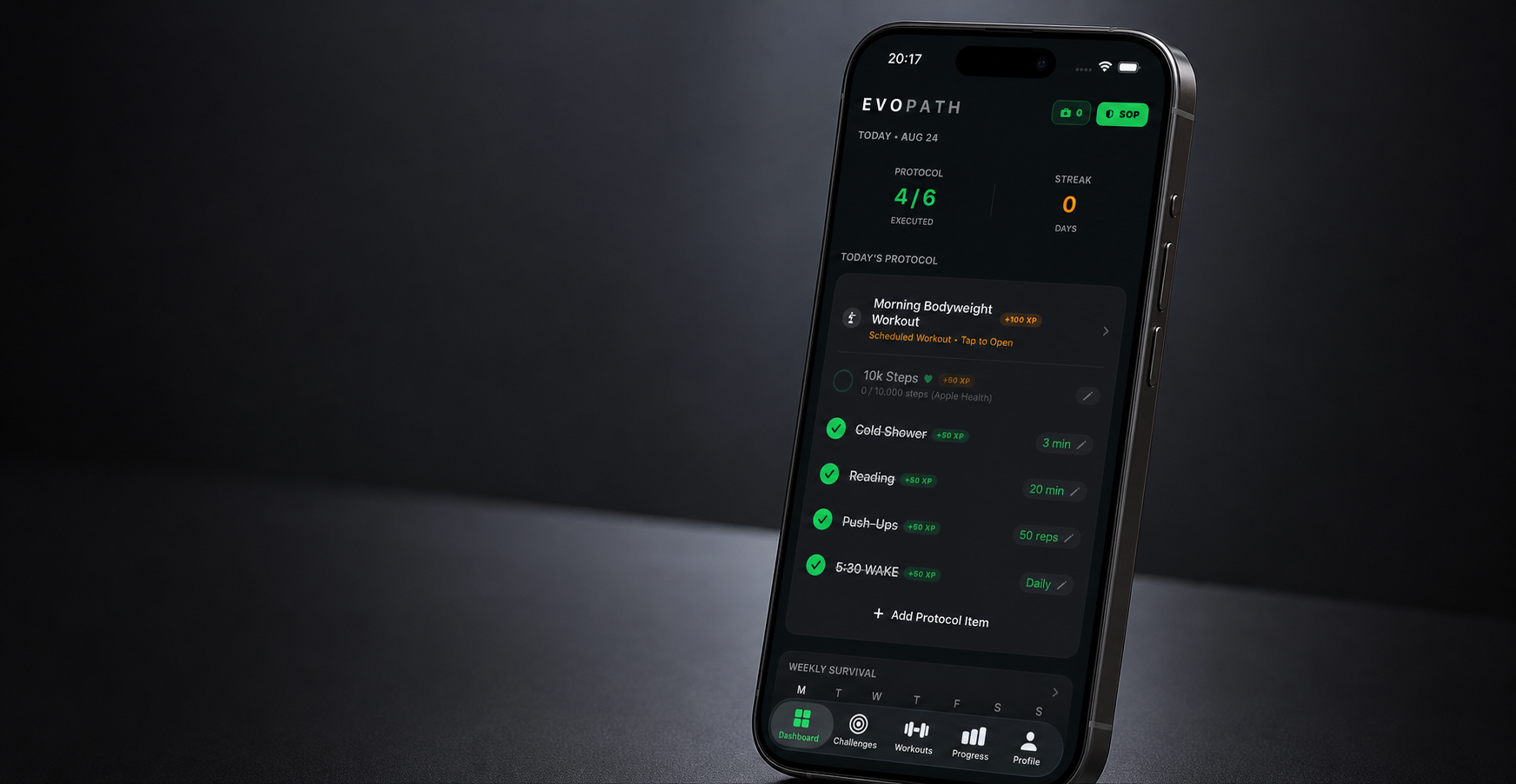 EvoPath iOS app dashboard displayed on an iPhone